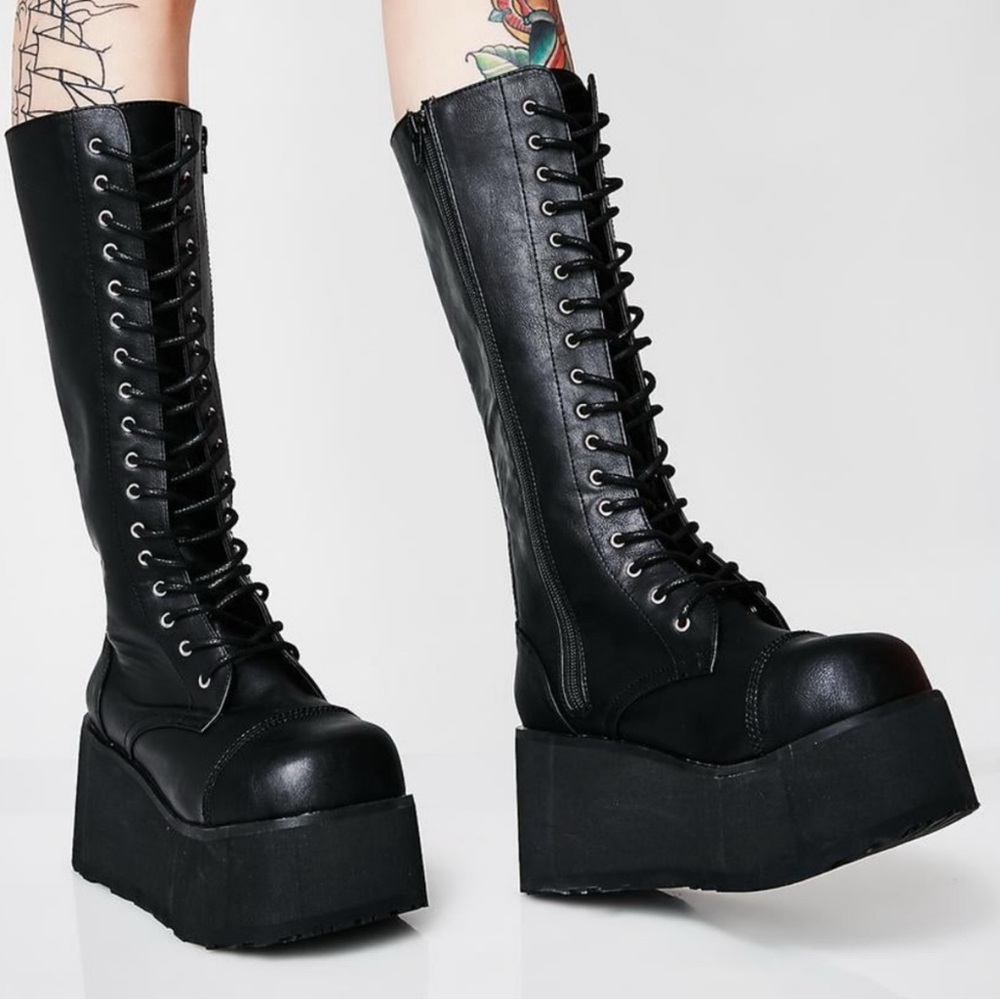 Demonia, Trashville, black, lace up, platform, boots